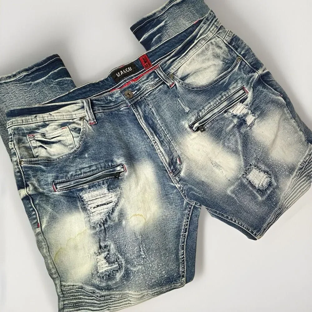 MAKOBI‎ Alki Biker Jeans Mens 44X32 M1757 Vintage Light Wash Moto Distressed NWT